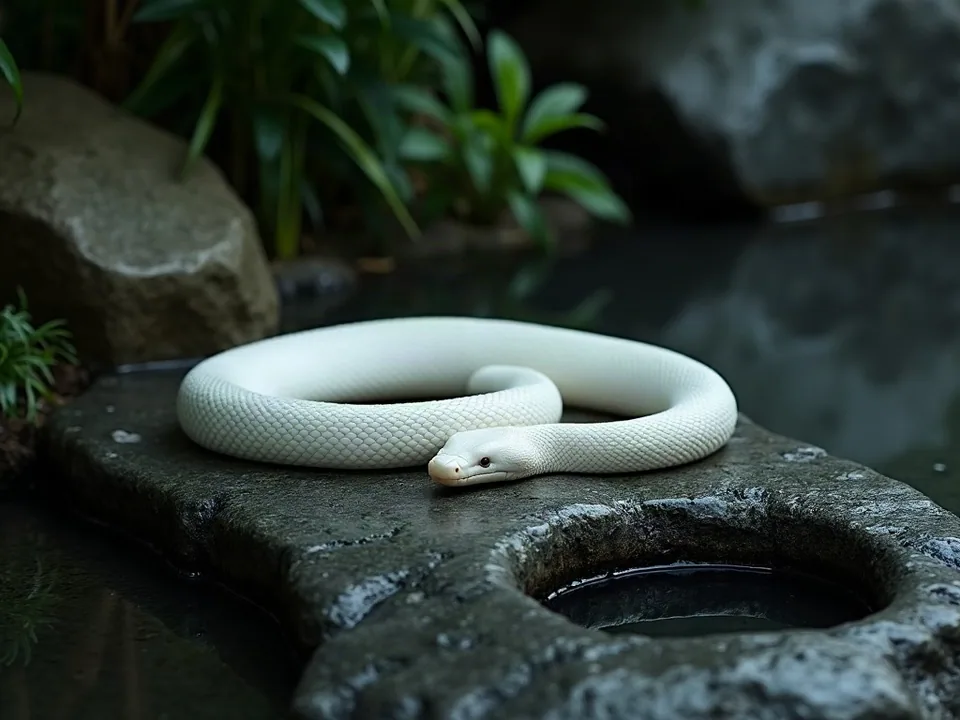 苔むした濡れ石の手水鉢のそばでとぐろを巻く白蛇と背後の青葉