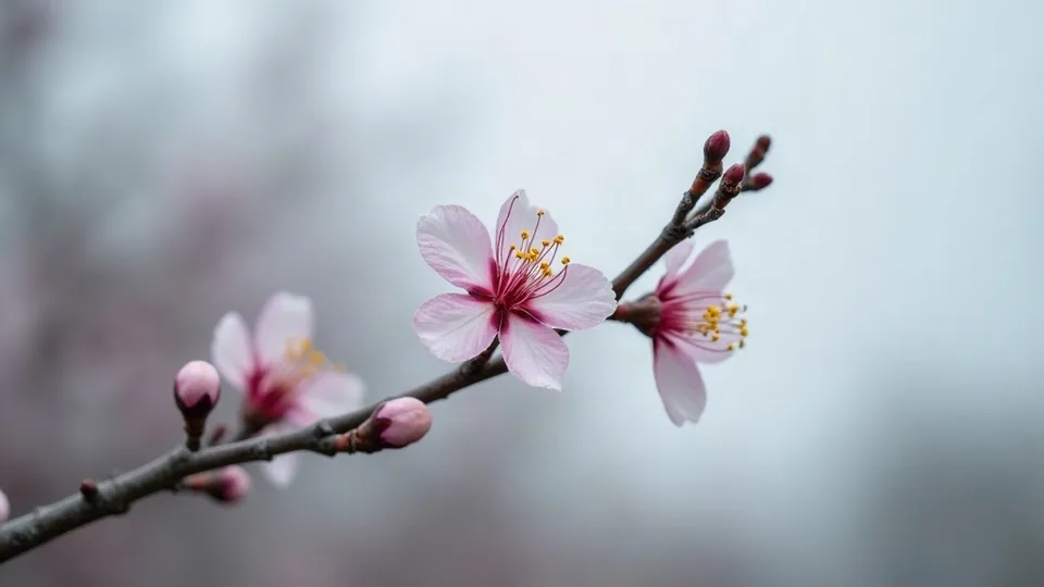 曇り空を背景に淡いピンクの桜が咲く細枝のクローズアップと蕾