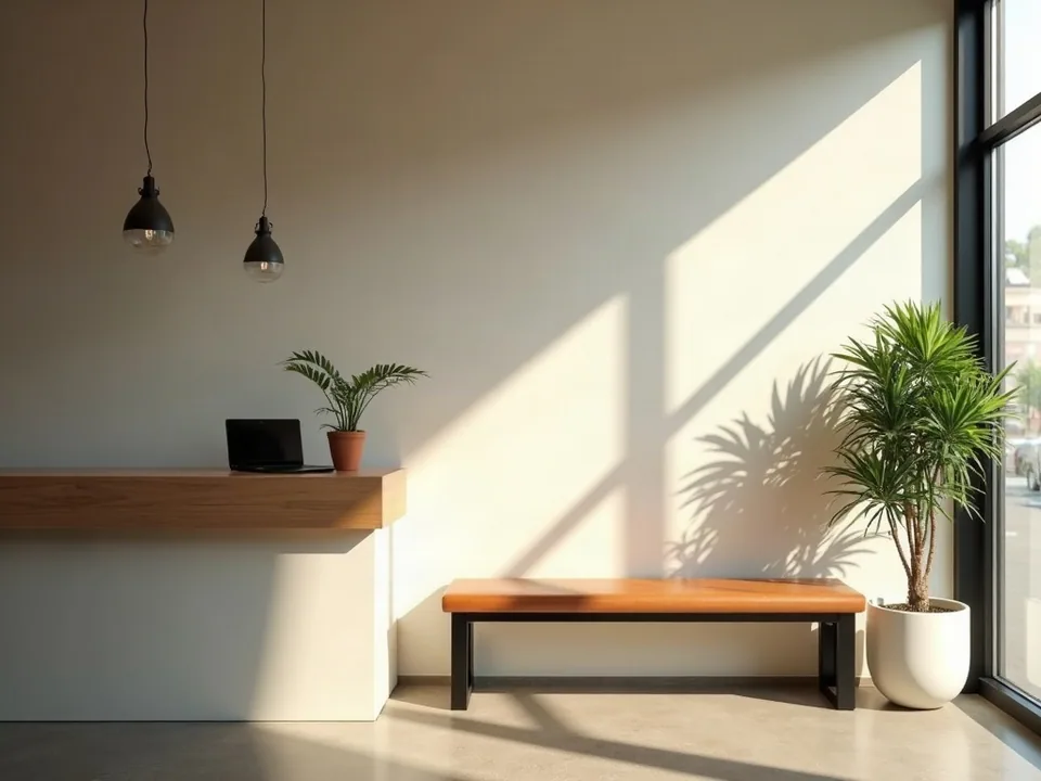 午後の光が差すタトゥースタジオの受付。木のカウンターとベンチ、観葉植物が並ぶ静かな待合空間