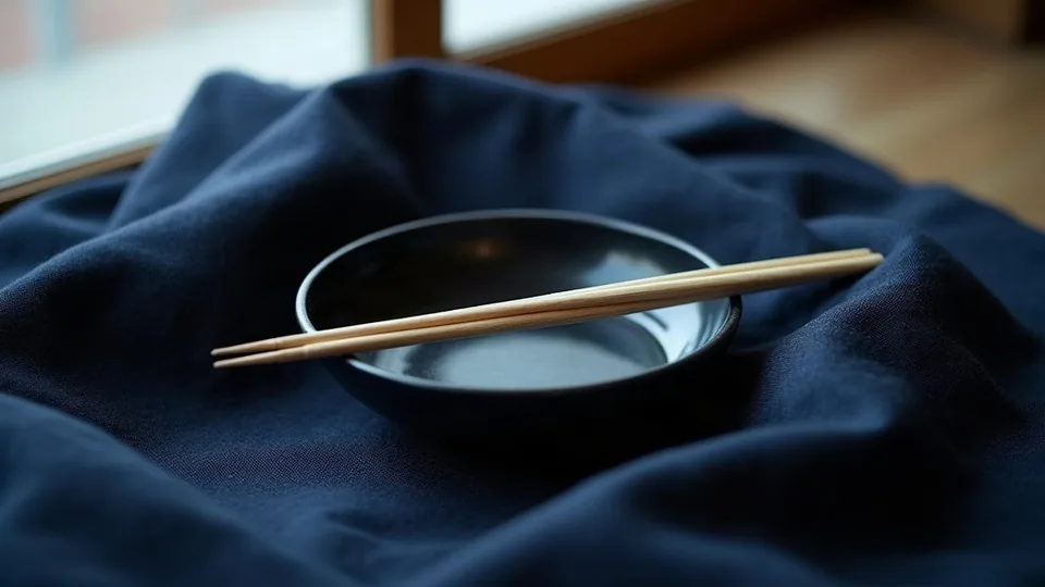 A black ink dish and a bamboo tebori rod resting on indigo-dyed cloth, lit softly from a window