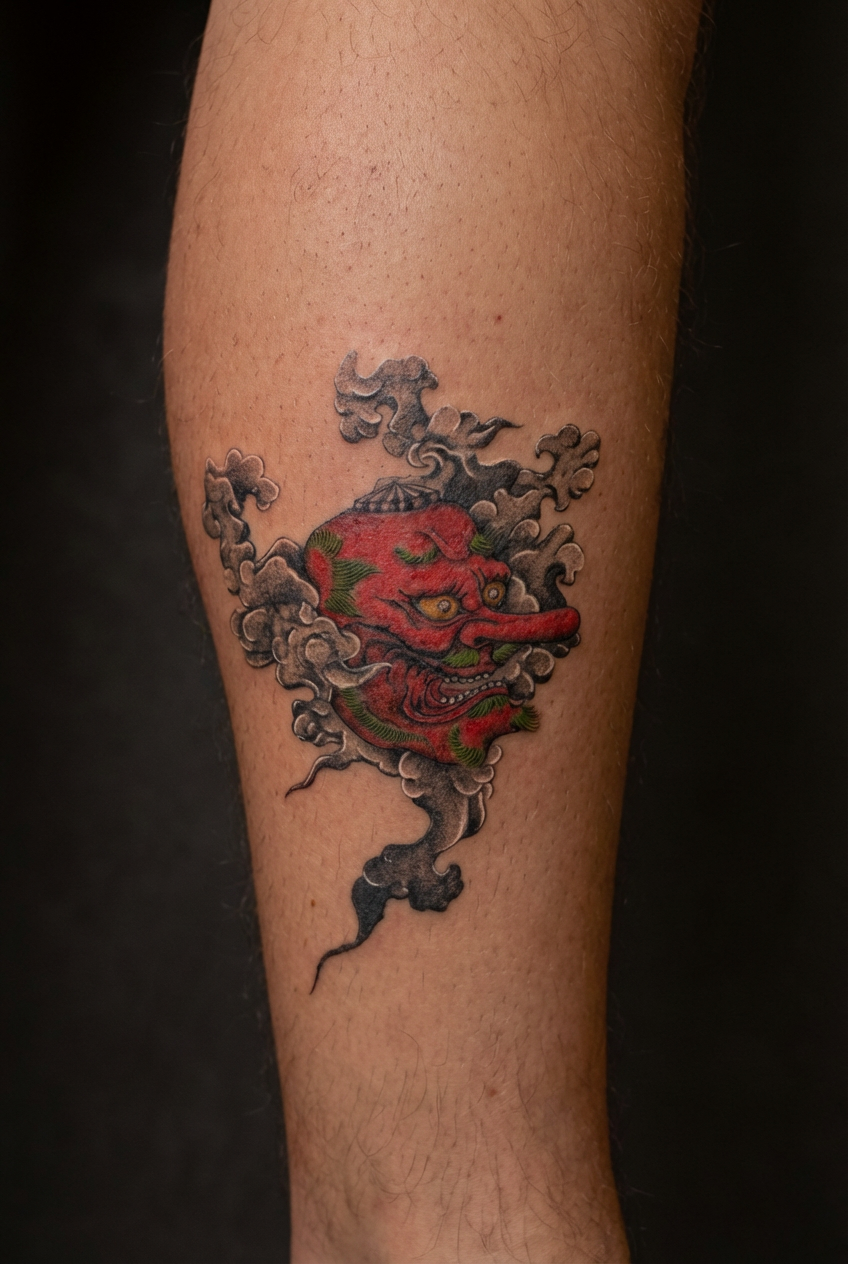 Small Japanese tengu tattoo in red and black ink