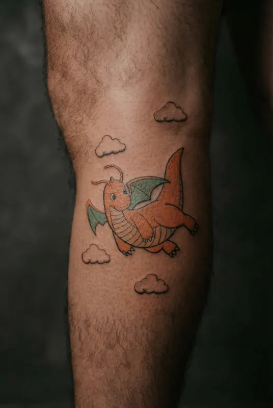 Cartoon dragon among clouds tattoo