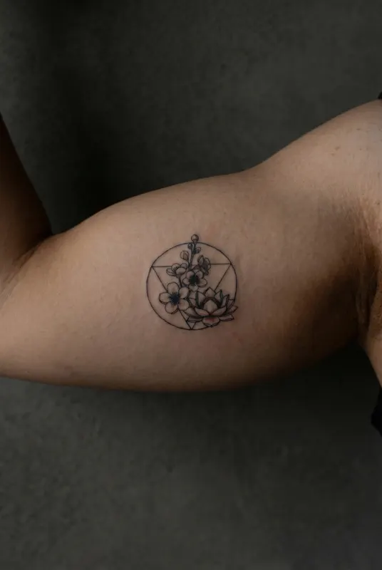 Fine line geometric tattoo with thin precise linework by Evis Ink Tokyo