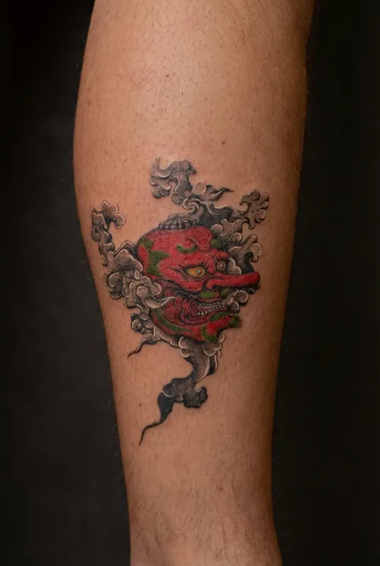 Japanese tengu mask tattoo in red and black ink by Evis Ink Tokyo